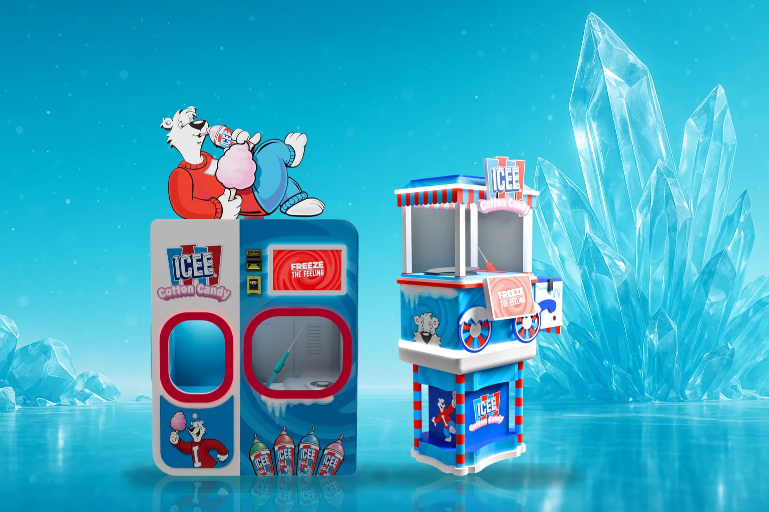 ICEE Cotton Candy vending machine and ICEE cart machine standing on a frozen ice stage with large ice crystals